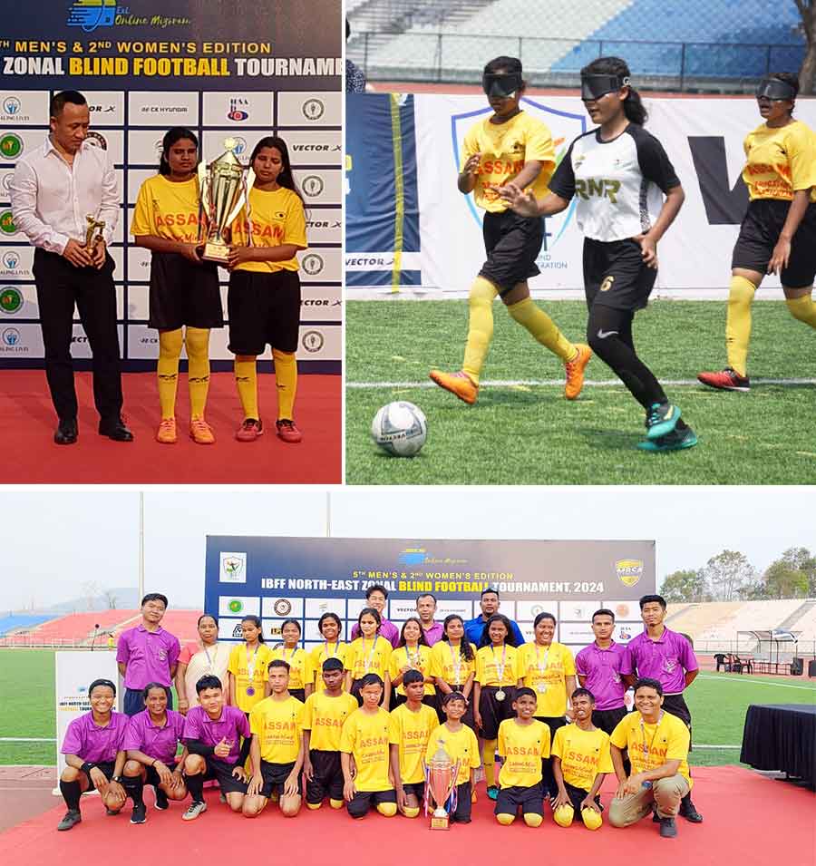 The Assam women’s blind football team, comprising players from Moran Blind School in Dibrugarh, made their debut at the North East Zonal Tournament in Mizoram. Despite the boys’ team missing the final, the girls brought home the runners-up trophy, medals and Rs 15,000 cash prize. Team captain Priyanka Dey (on extreme right in top left-hand picture) was named Emerging Player of the Tournament, showcasing the team’s talent and determination. Thespian Victor Banerjee runs the Moran Blind School