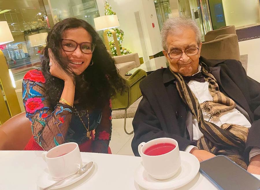 Writer, child-rights activist and actor Nandana Dev Sen uploaded this photograph early on Saturday with the caption: ‘Cha chai na coffee? A cuppa with Baba over #adda is a cherished ritual! ♥️ Such precious moments, filled with argument & #laughter  #bangali #familytime #FridayFun #AmartyaSen #FamilyFun #fatherdaughter #FridayVibes #bangla #bengali #CherishedMoments #economics #nobelprize #TGIF’