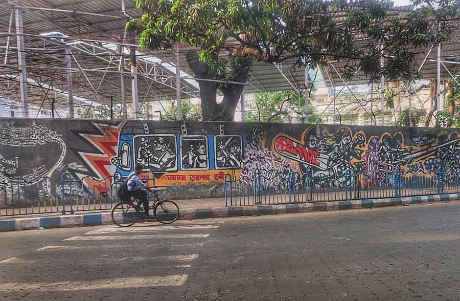 A fading wall graffiti near the AJC Bose Road-Beckbagan crossing on Saturday