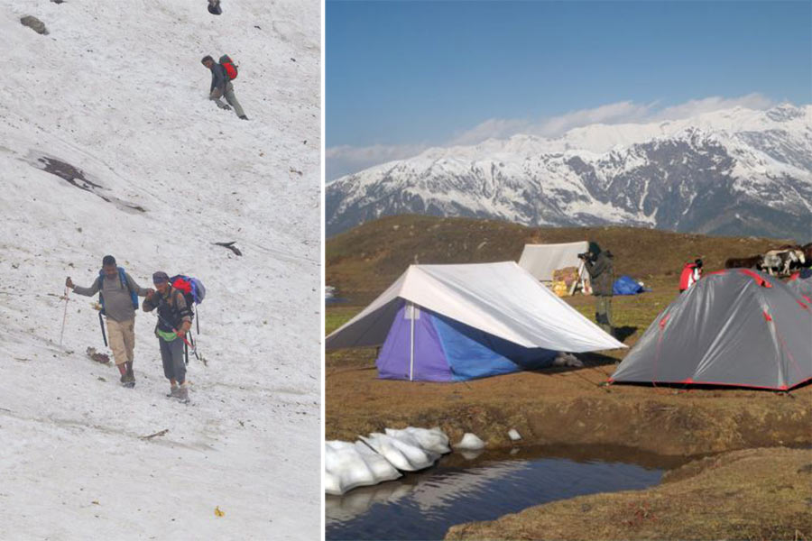 Walking down a steep 70 -80ft downhill snow-filled slope with a gradient of around 70 degree on the fourth day of the trek and (right) surrounded by ice patches and snow slopes, the camping site of Kharimindiyari provides a great view of Bara Banghal Range, a part of the Dhauladhar Range