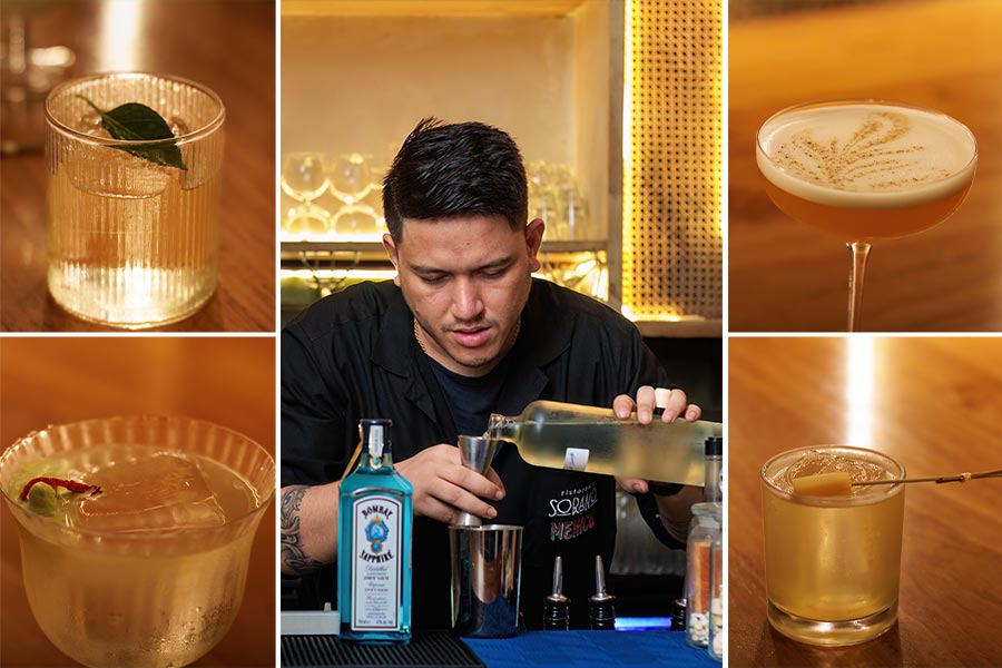 Manoj Singh Rawat, the head mixologist at Sorano, in action during the launch, and some of their new cocktails