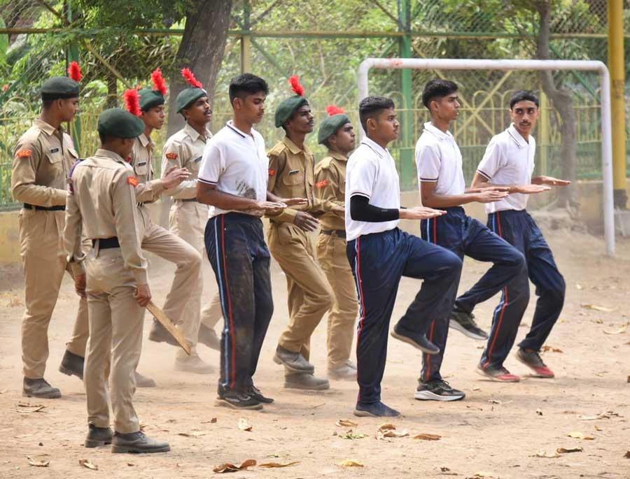 NCC Cadets at a drill session at Santosh Mitra Square on Sunday 