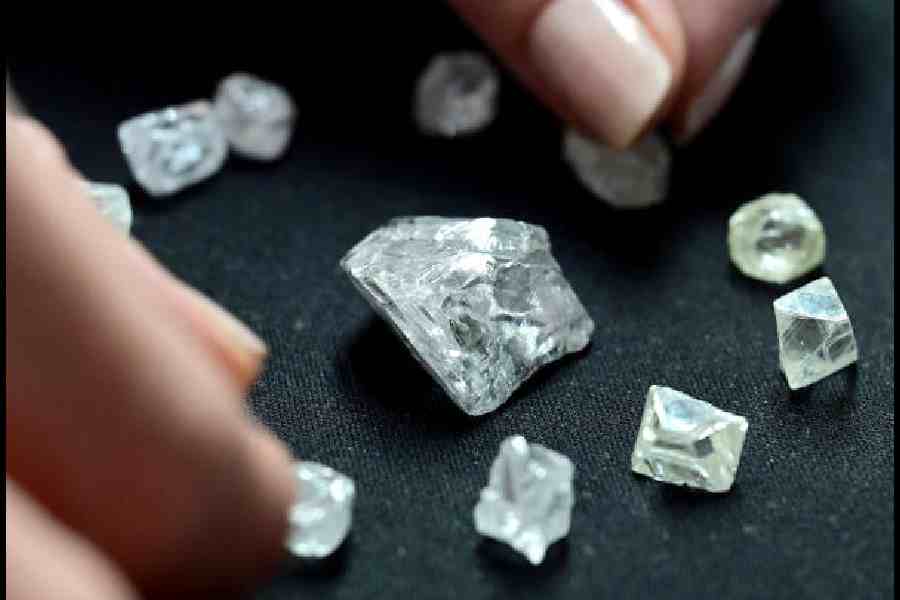 The rough, uncut, natural diamonds that have arrived straight from the mines. In the middle is a 51-carat diamond. 