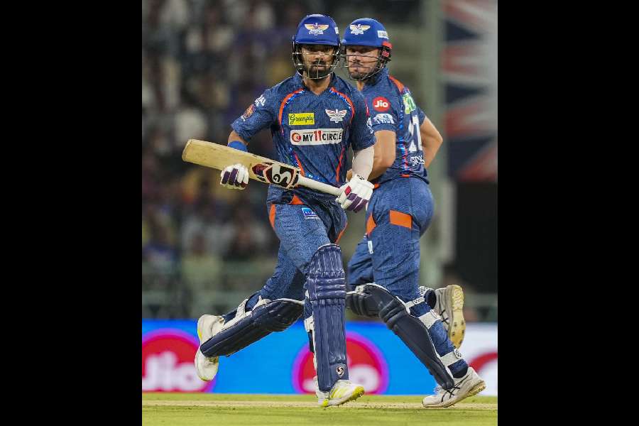 Lucknow: Lucknow Super Giants batters KL Rahul and Marcus Stoinis run between wickets during the Indian Premier League (IPL) 2024 T20 cricket match between Lucknow Super Giants and Gujarat Titans