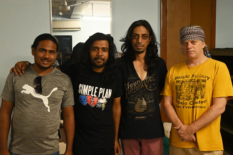 (L-R) Sohel (percussions), Probar Ripon (vocalist/songwriter/acoustic guitars), Shakil Haque (bass) and Seth Panduranga Blumberg (guitars)