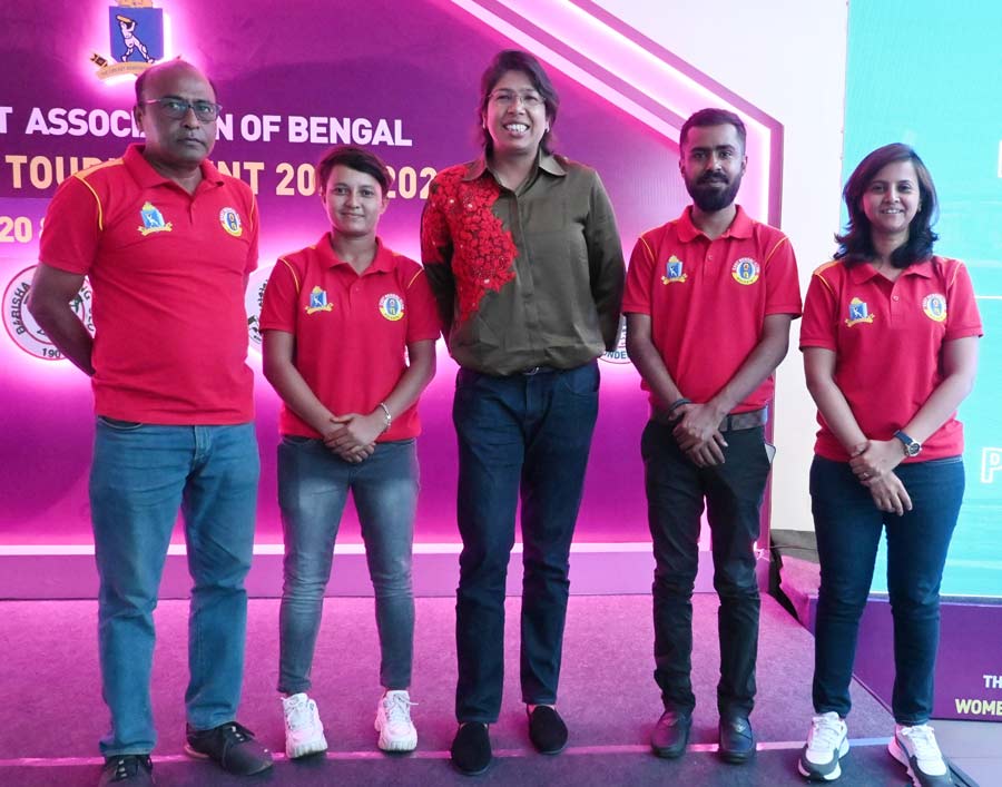 Former Indian Woman Cricketer, Jhulan Goswami with East Bengal coach at the Women’s Cricket auction at Eden Gardens in Kolkata on Monday  