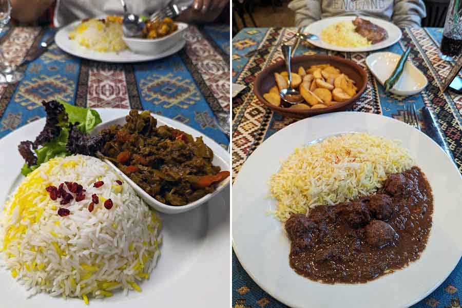The food in Azerbaijan features a lot of rice and meat dishes, lightly spiced and flavoured with dry fruits, raisins and saffron