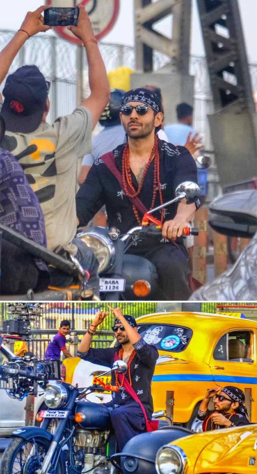 Actor Kartik Aaryan was spotted on the Howrah Bridge riding a motorcycle in his Rooh Baba avatar. He is in the city to shoot for his next film Bhool Bhulaiyaa 3 
