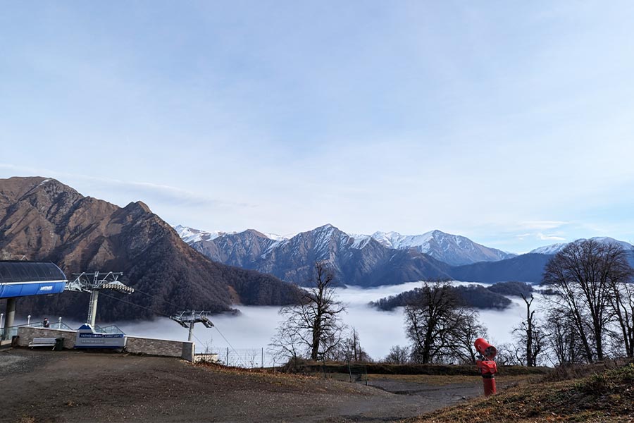 The top of the Tufandag mountain resort offers a panoramic view of cloud-covered mountains