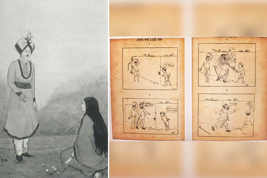 Illustrations from ‘Galper Boi’ (left) and ‘Jemon Kormo Temni Fol’  published in Sandesh (right)