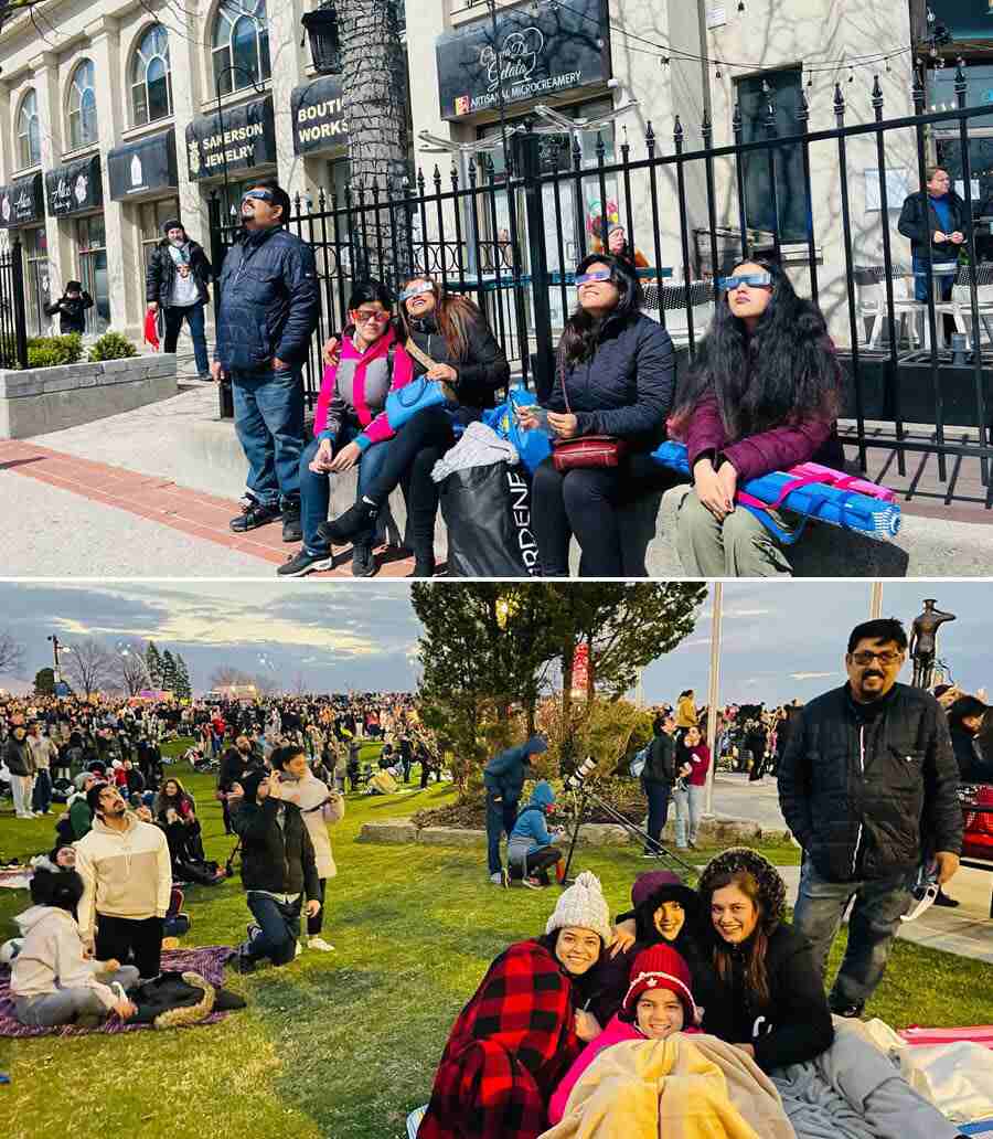 Burlington, Ontario: The group of Suravita Ghosh, Indranil Ghosh, Prithika Ghosh, Pradipto Chatterjee, Ranja Chatterjee and Prinaka Chatterjee were lucky to witness the total solar eclipse from Burlington downtown Spencer Smith Park. ‘We drove from Mississauga. We were a bit disheartened when till 2.30pm the sky was full of clouds at Burlington and did not have any more expectation to experience the eclipse but it was a magical moment of surprise and kind of a gift of nature that as soon as the eclipse began the sky cleared out to bright blue. We couldn’t believe that happened  and was a part of the approximately 15,000 enthusiasts witnessing the lifetime experience. It was so exciting to see the streetlights turning on altogether, when they sensed the darkness. We shivered when it was dark   but were prepared with blankets to cover up ourselves. The moment of viewing the corona of the Sun and the diamond ring was a golden experience