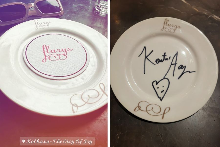 Kartik Aaryan uploaded a story on his Instagram account tagging Kolkata, and (right) also signed a plate at Flurys