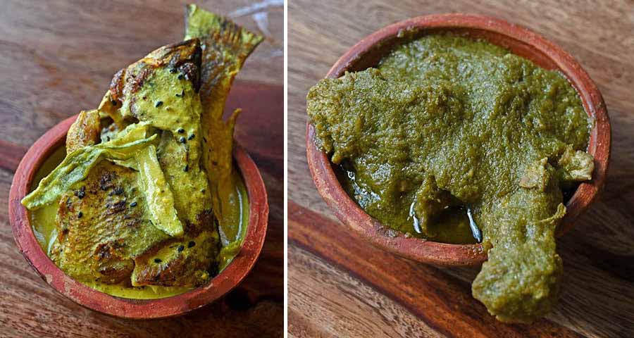 If you love your ‘maachh’, or ‘mangsho-bhaat’ is your soulfood, then don’t miss the (left) Shorshey Bekti or (right) Kancha Lanka Murgir Jhol from the Poila Baisakh menu  