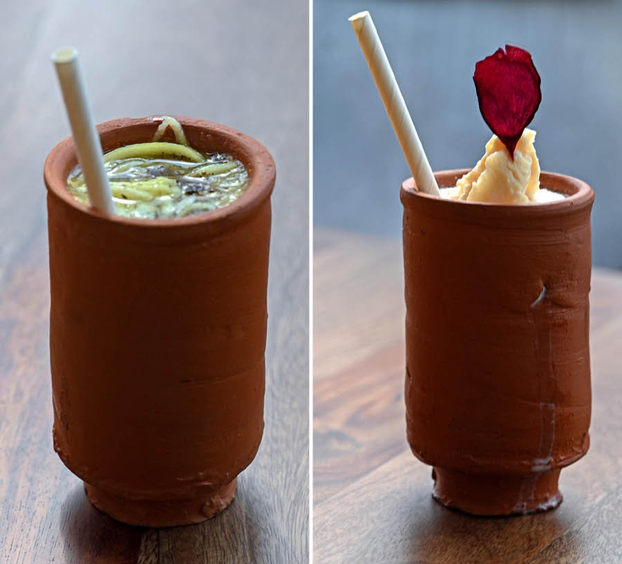 The appetisers and refreshing summer sips, like (left) Aam Panna and (right) Lal Doi Lassi, are common in all three thalis