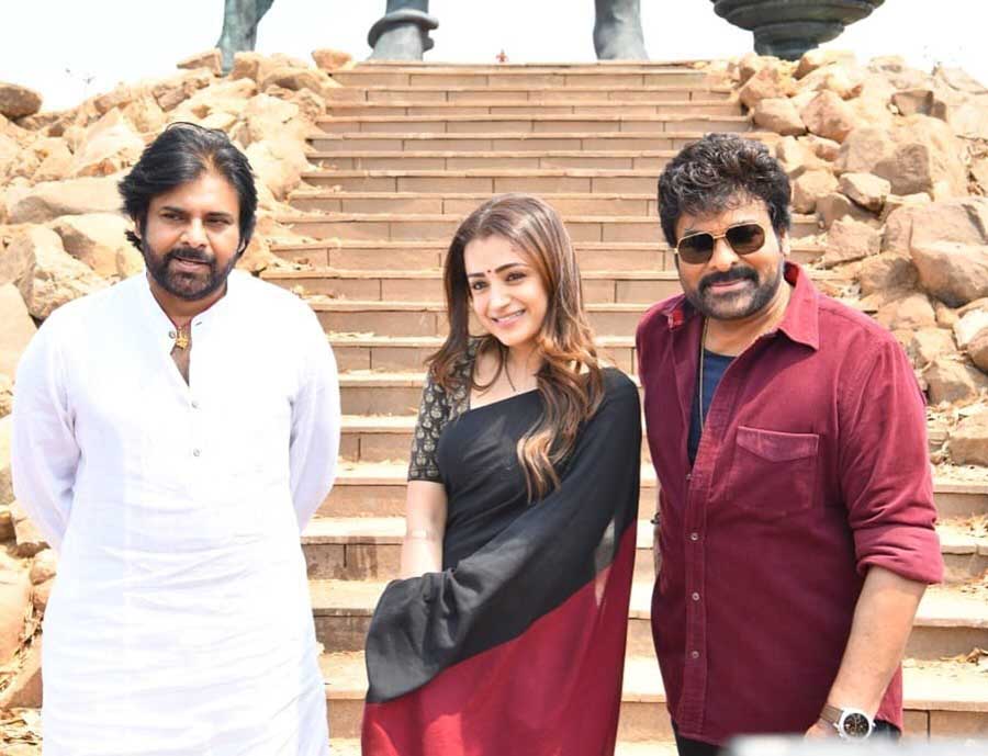 Trisha Kishan celebrated Ugadi with Chiranjeevi and Pawan Kalyan on the sets of Vishwambhara.