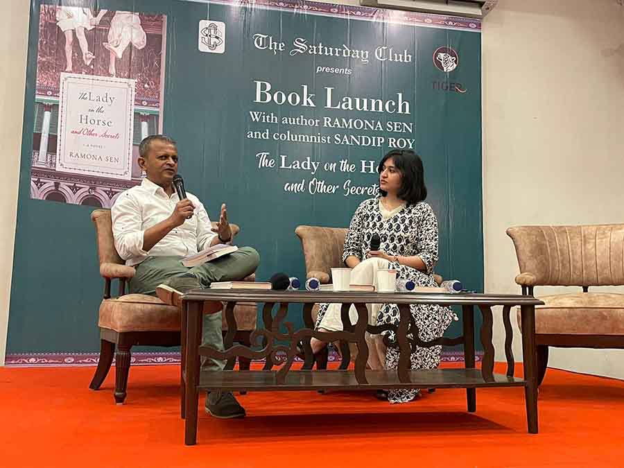 Sandip Roy (left) in conversation with Ramona Sen about her latest novel, The Lady on the Horse and Other Secrets (published by Speaking Tiger Books), at The Saturday Club on April 9. Besides discussing the role of caste, class and secrets in Sen's latest book, the two also touched upon the evolution of club culture in Kolkata and the overlapping themes in each other's works  