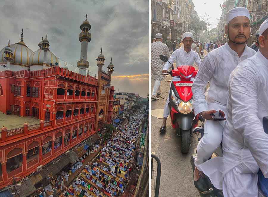 Eid prayers at Nakhoda Masjid in Chitpore were followed by celebrations across the city with (right) revellers zooming neighbourhoods on their motorcycles