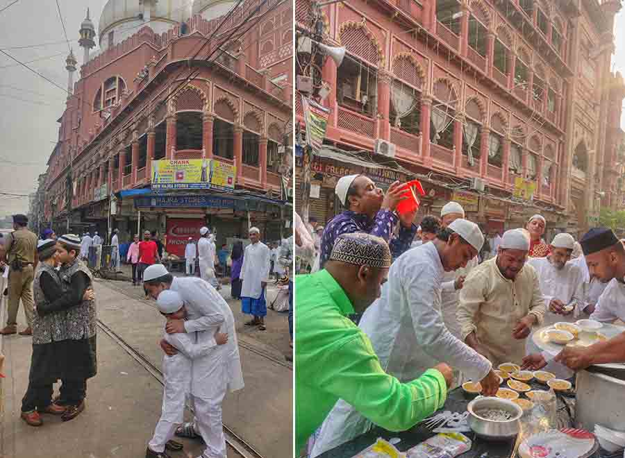 Tight embrace, exchange of greetings and (right) community feast marked celebrations after the Eid-ul-Fitr at Nakhoda Masjid on Thursday 