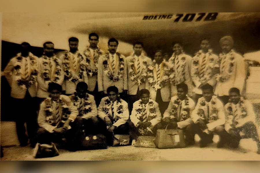 The Indian football team flying to Jakarta in August, 1962, for The Asian Games