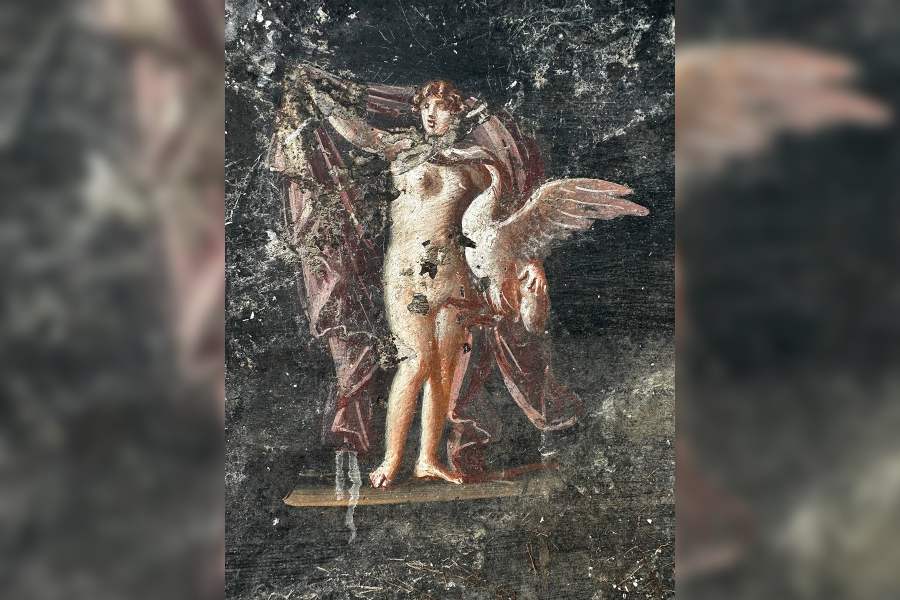 In an undated image provided by Parco Archeologico di Pompei, Leda and Zeus, depicted as a swan, discovered by archaeologists excavating Pompeii