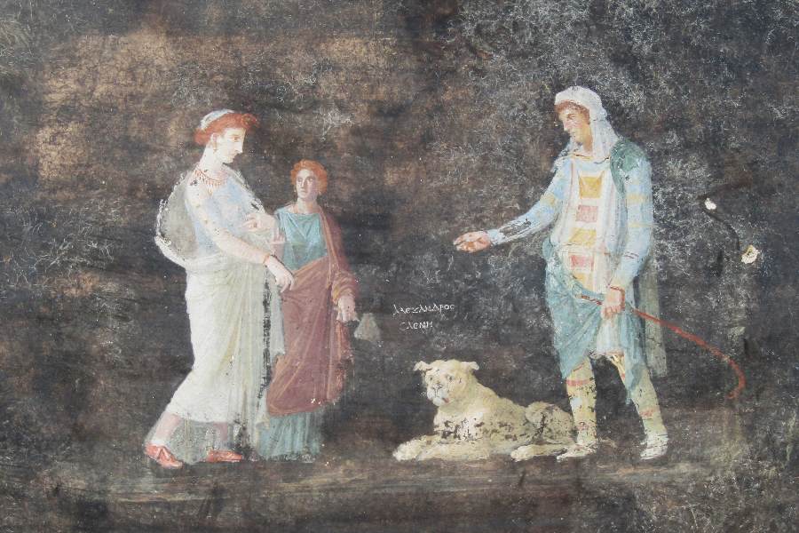 In an undated image provided by Parco Archeologico di Pompei, from left, Helen of Troy, a handmaiden and Paris, along with a despondent-looking dog