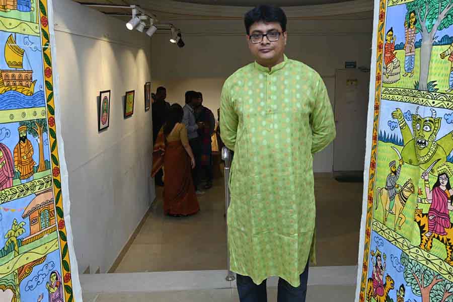 The exhibit was curated by Chinmoy Mukhopadhyay, who trained the artists. ‘These scrolls took two weeks each, and reflect the rich stories of Mansamangal and Bonbibi-r Palagaan,’ he said. 