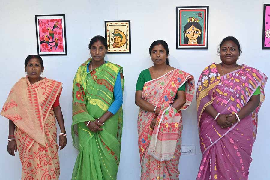 (From left) Niyoti Mandal, Anjali Mandal, Durga Mandal and Devika Barman were there from Jharkhali to present their work. 