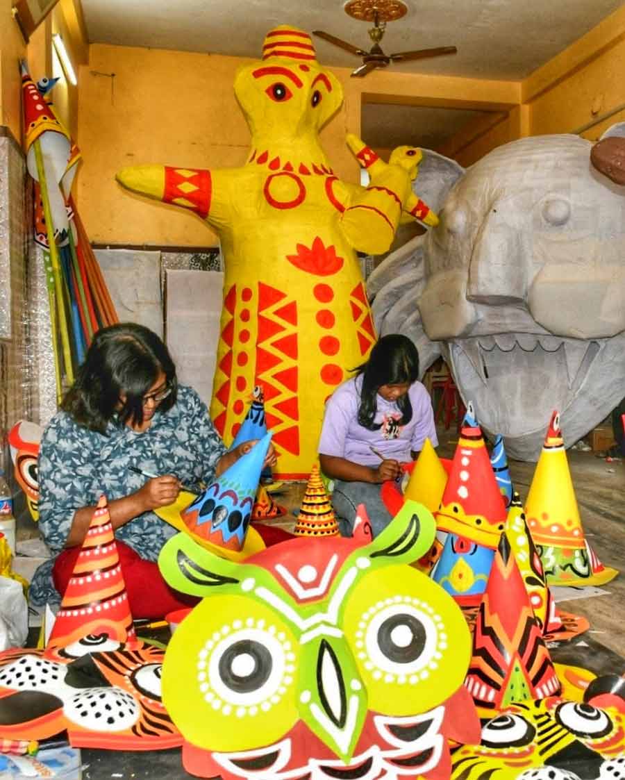 Artists at Ganguly Bagan make props for a rally held every year on Bengali New Year  