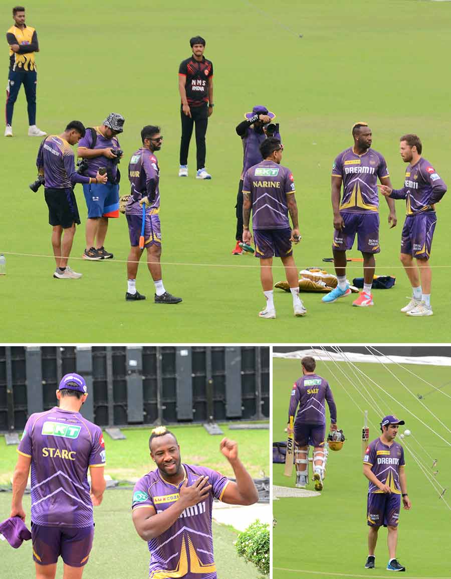 Kolkata Knight Riders players at a practice session at the Eden Gardens on Friday ahead of their match against Lucknow Super Giants to be held on April 13  
