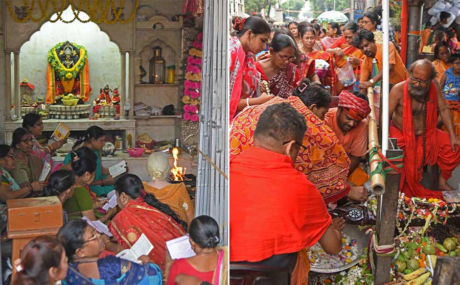 Devotees offer Nil Sashti puja for the well-being of their children at Nimtala Ghat in north Kolkata  