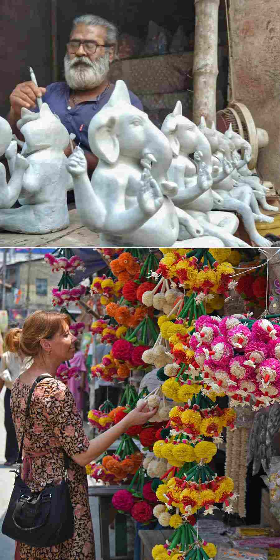 Finishing touches being given to idols of Lord Ganesh at Palbari under Krishnanagar municipality and (above) a foreigner admires ‘kadom phool’ being sold for decoration in puja for Nababarsho (Bengali New Year) in Kumartuli on Saturday