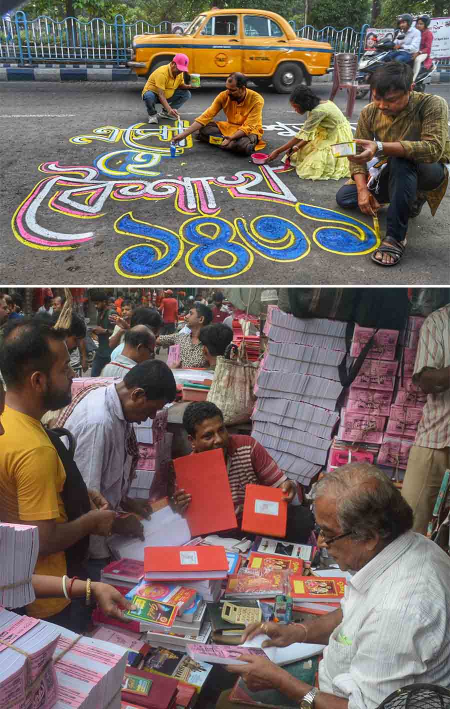 Artists draw graffiti on the street near Nandan on Saturday ahead of Bengali New Year and (above) Bengali almanac and ‘halkhata’ (books of accounts) on sale for Poila Baisakh at College Street on Saturday