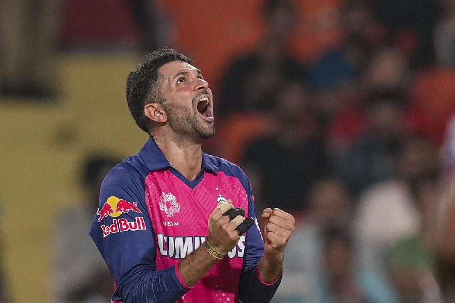 Rajasthan Royals' Keshav Maharaj celebrates after dismissing Jonny Bairstow, his maiden IPL wicket, on Saturday.