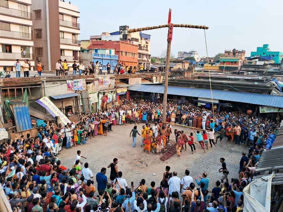 Charak puja, held in honour of Lord Shiva on Chaitra Sankranti or the last day of the Bengali New Year, sees male devotees swing from a pole with hooks attached to their backs. Beadon Square in Kolkata is one of the places where this can be seen  