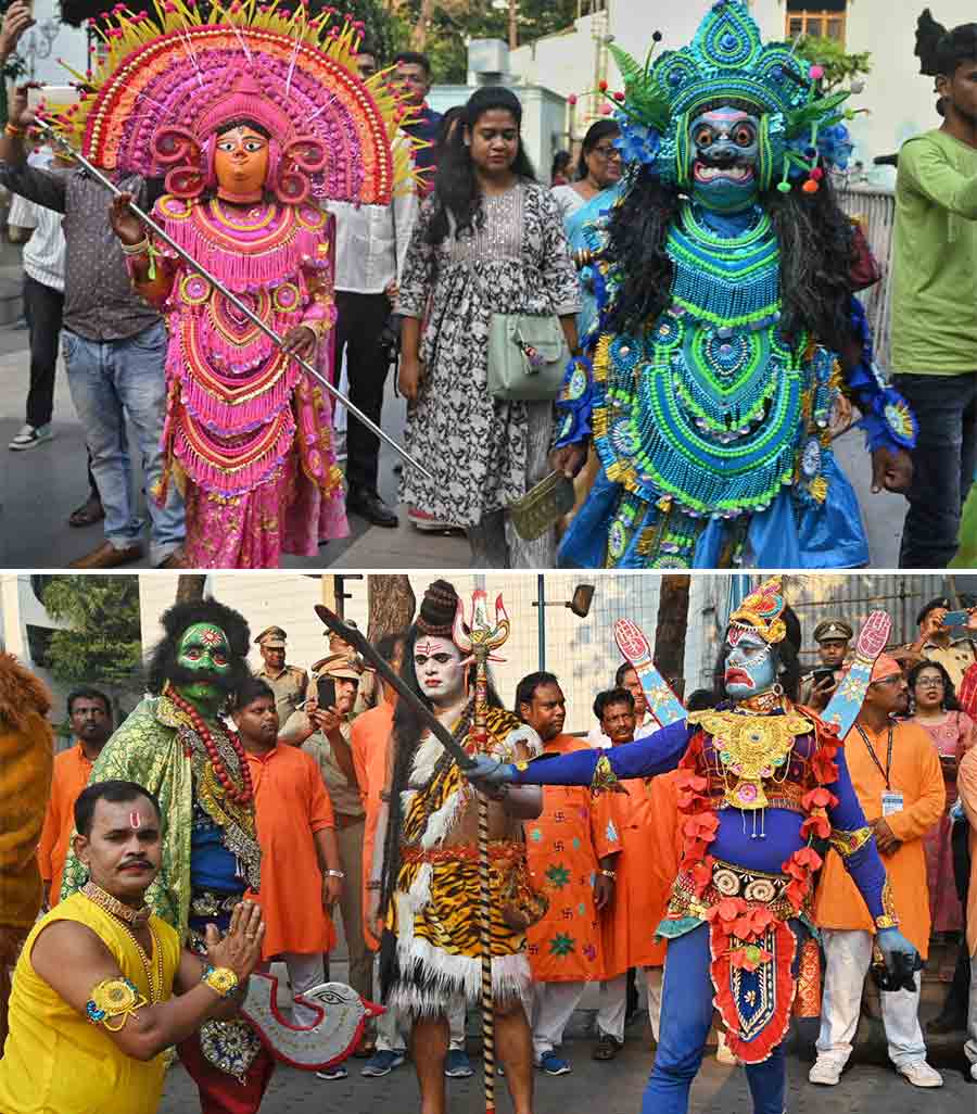 Folk dancers joined a cultural procession at Rabindra Sadan on Sunday