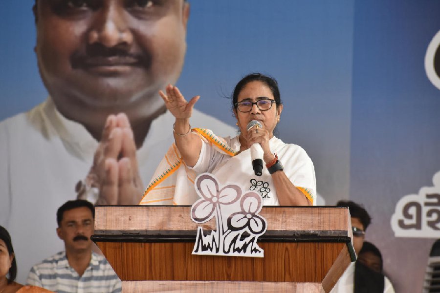 Mamata Banerjee addresses the public meeting in Birpara, Alipurduar district, on Monday.