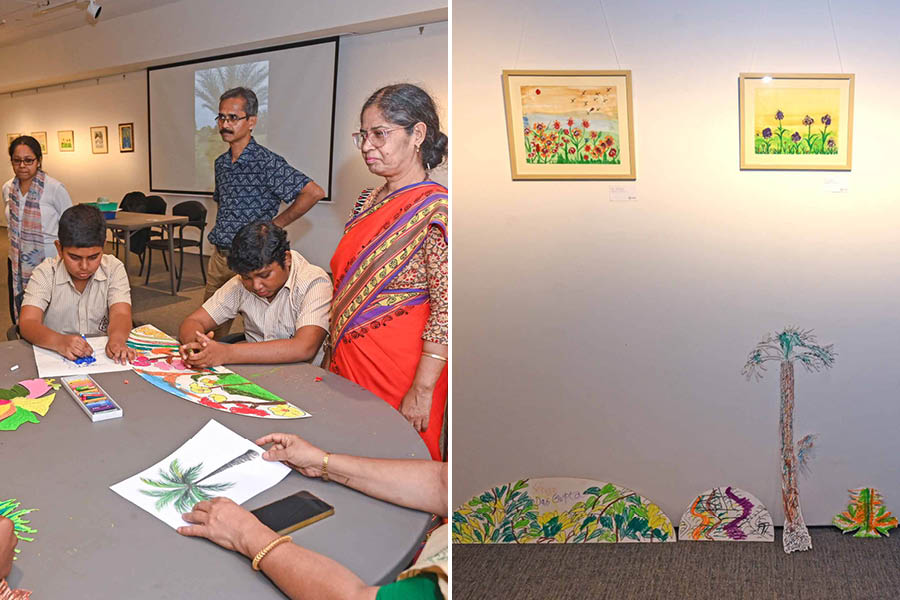 Students of Behala Naba Proyas immersed in their drawings as their art teacher, Shampa Sengupta, looks on. (Right) Some paintings by the students. ‘It is a privilege for our children to have their work displayed at a prestigious gallery and be bestowed the title of ‘artist’,’ Sengupta said.
