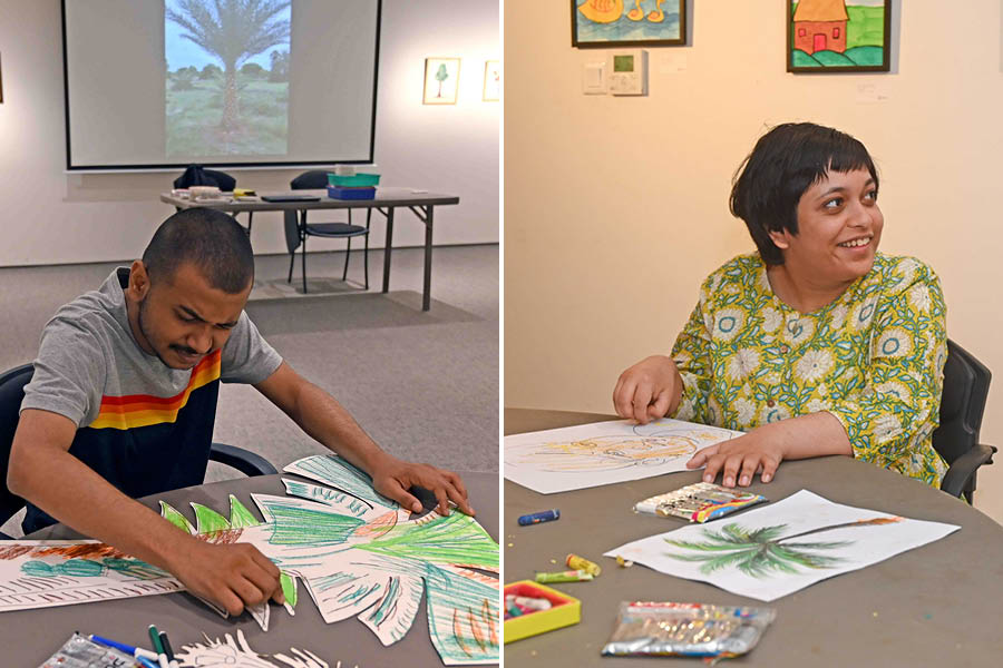 Aryan Mallik and Namrata Roy of Autism Society of West Bengal sketched palm trees based on a visual cue.