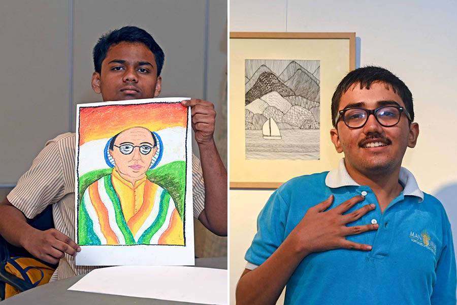 The purpose of the workshop was to let the kids’ imagination run free. While (left) Behala Naba Proyas’s Anas Rayyan made an impromptu sketch of Netaji Subhas Chandra Bose, Swastik Chattopadhyay of Manovikas Kendra proudly presented his painting titled ‘The Idiot Box’.
