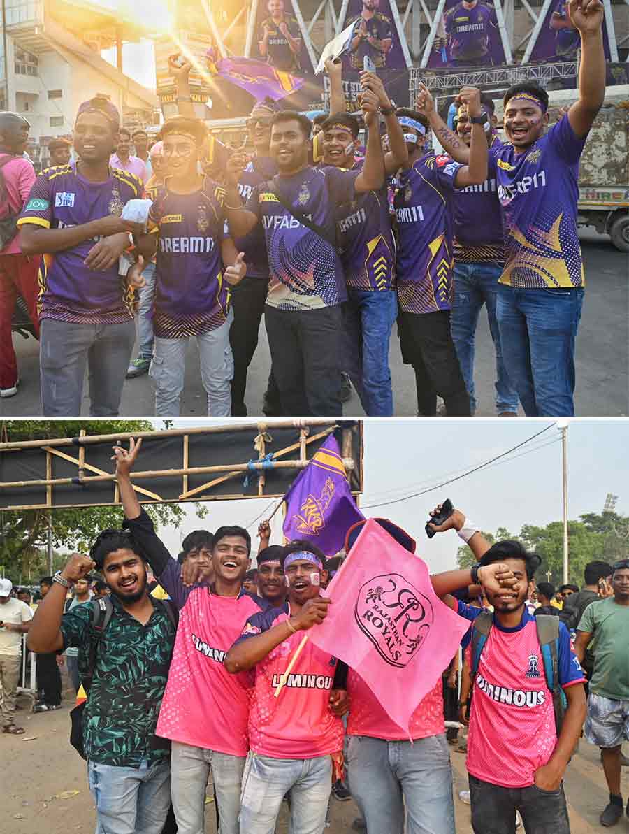 Kolkata Knight Riders and Rajasthan Royal supporters cheer for their team before the match at the Eden Gardens on Tuesday   