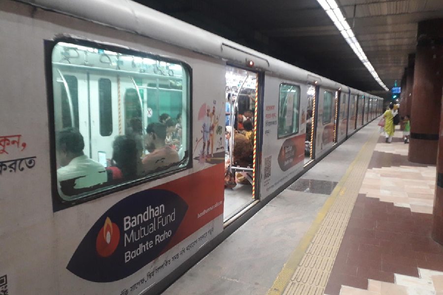 A Dakshineswar-bound train stuck at Chandni Chowk Metro station on Tuesday afternoon
