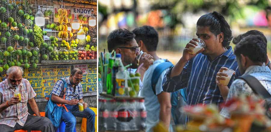 Summer sips like fruit juice, soda shikanji and cold drinks are hot favourites. We also spotted nattily dressed Kolkatans banking on cotton wear and men using hair bands  