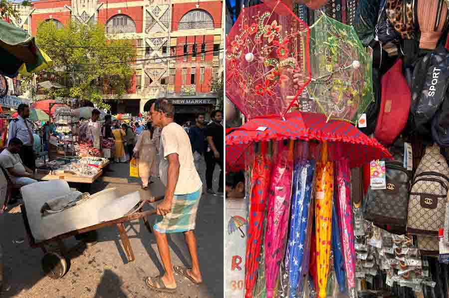 Heat or no heat, habitual shoppers cannot be reined in. Amid the many cloth and toy shops, a man carrying a block of ice was respite to the eyes. My Kolkata also spotted designer umbrellas. Who says one cannot be fashionable even as the “burning blight” has been “roasting” the city?  