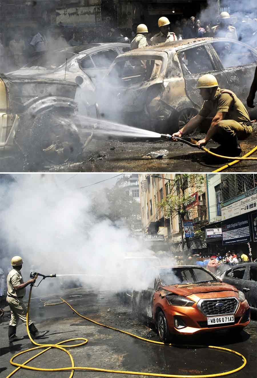 Three cars caught fire on Thursday afternoon at Chandni Chowk. Four fire-tenders were pressed into service to douse the flame. The exact reason which triggered the blaze has not been ascertained yet. No casualties were reported