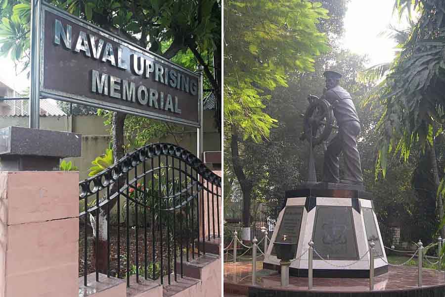 Indian Navy Memorial in Colaba, Mumbai, and (right) the Naval uprising statue there