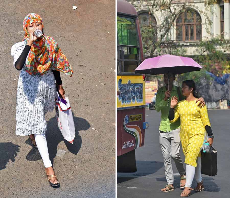 A girl quenches her thirst on a scorching road in front of NRS Hospital and (right) a couple seek relief in an umbrella and a water bottle