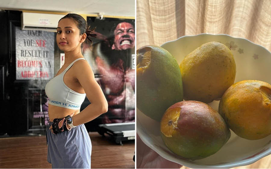 Actress Mimi Chakraborty posted this photograph on her social handle with the caption: ‘Coz its mango season🥭 🏋️‍♀️’