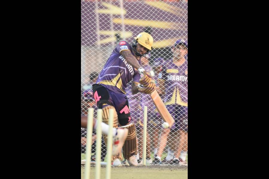 Sunil Narine fine-tunes his batting during practice at Eden Gardens on Saturday.