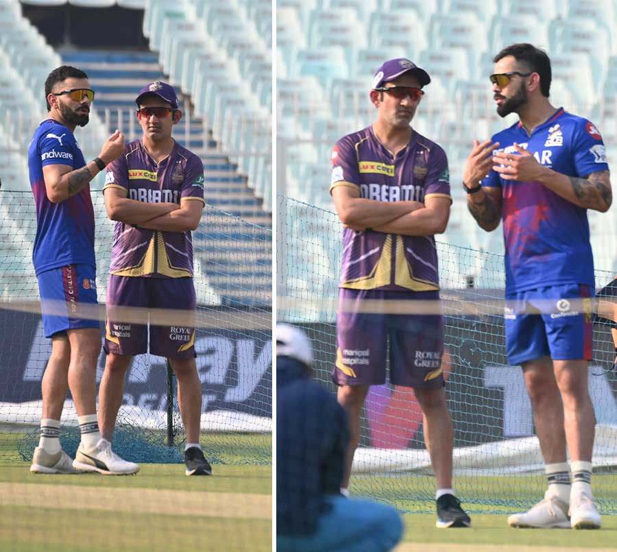One-time teammates Kohli and Gautam Gambhir had been in news for the wrong reasons with an on-field showdown back in 2013 when Gambhir was the KKR captain, followed by another face-off during the last IPL season when Gambhir was mentor of the Lucknow Super Giants. But the two icons made it up with a hug the last time KKR and RCB met at the M Chinnaswamy Stadium a couple of weeks ago. The camaraderie continues as the two batting greats were seen exchanging notes in the run-up to Sunday’s match