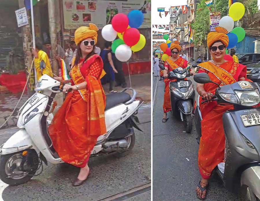 Women riding scooters in saris joined a Mahavir Jayanti procession on Sunday that started from Rabindra Sarani on Sunday morning  